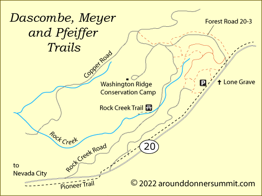 map of Dascombe Trail and Meyer Trail, Tahoe National Forest, CA